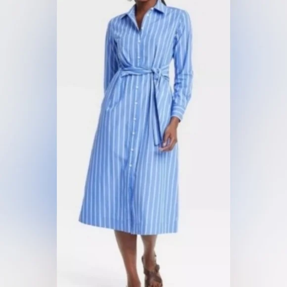 Universal Thread Midi Shirt Dress Blue/White Stripe 100% Cotton Tie Waist Size M - Picture 9 of 11